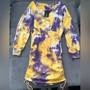 Fashion Nova Ruched Attitude Tie Dye Mini Dress - Yellow/combo